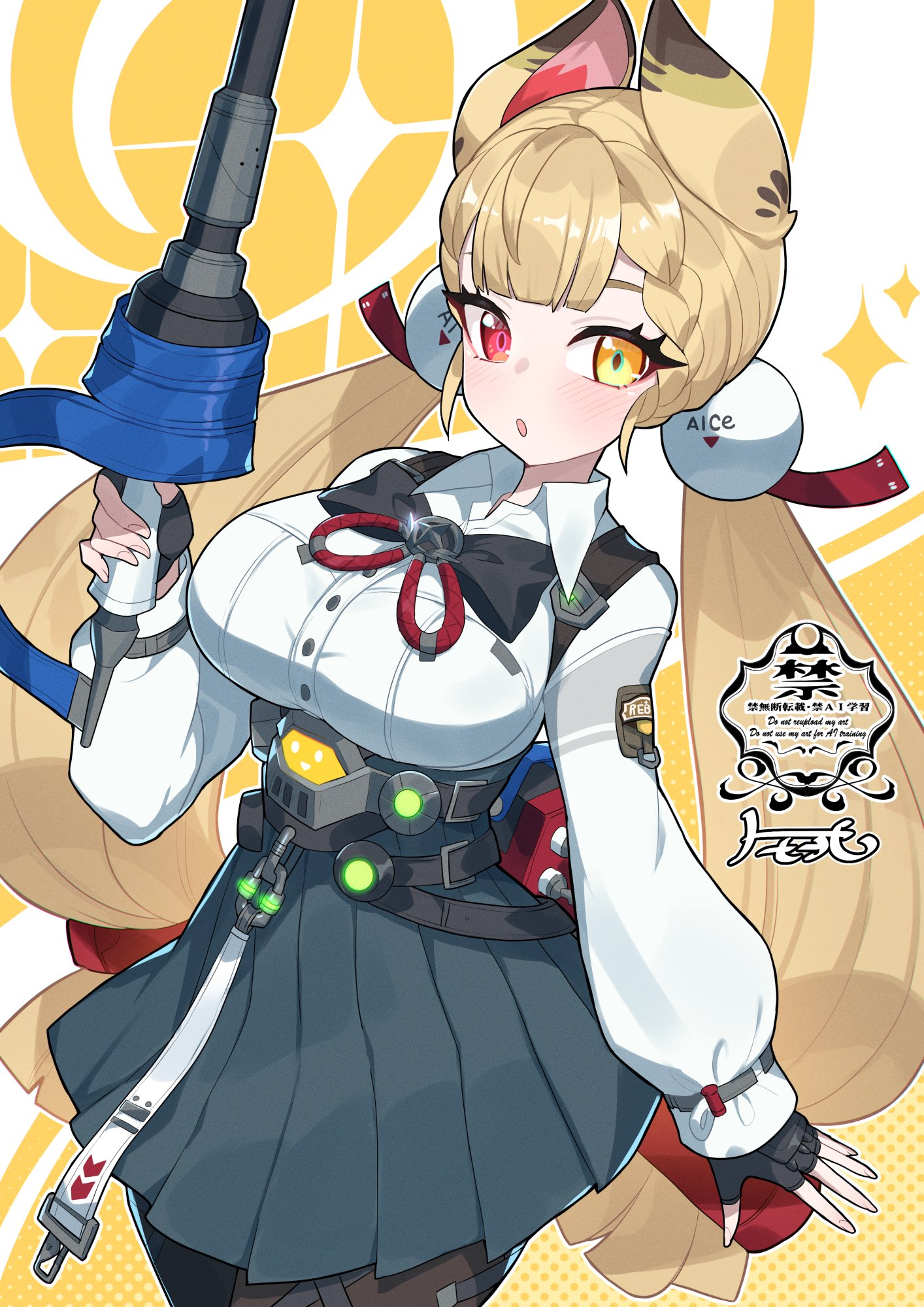 matsumoto tomoyohi, alice thymefield, zenless zone zero, commentary, highres, 1girl, animal ears, black gloves, blonde hair, blue skirt, blush, breasts, center-flap bangs, cowboy shot, fingerless gloves, gloves, high-waist skirt, holding, holding weapon, large breasts, long hair, long sleeves, looking at viewer, open mouth, pleated skirt, red eyes, shirt, skirt, solo, weapon, white shirt, yellow background, yellow eyes