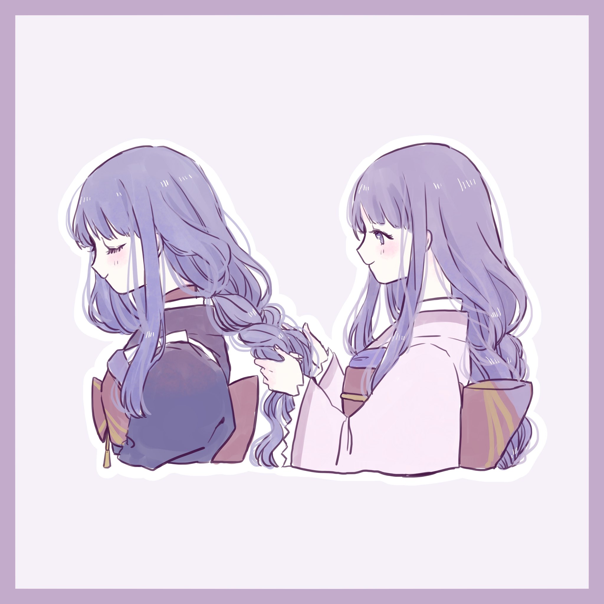 ppptms, makoto (genshin impact), raiden shogun, genshin impact, commentary request, highres, 2girls, alternate costume, back bow, blunt bangs, bow, braid, braiding another's hair, chibi, chibi only, closed eyes, closed mouth, happy, holding another's hair, japanese clothes, kimono, light blush, light smile, long braid, long hair, long sleeves, looking down, multiple girls, official alternate costume, purple background, purple eyes, purple hair, purple kimono, red sash, sash, siblings, single braid, sisters, twins, upper body, wide sleeves