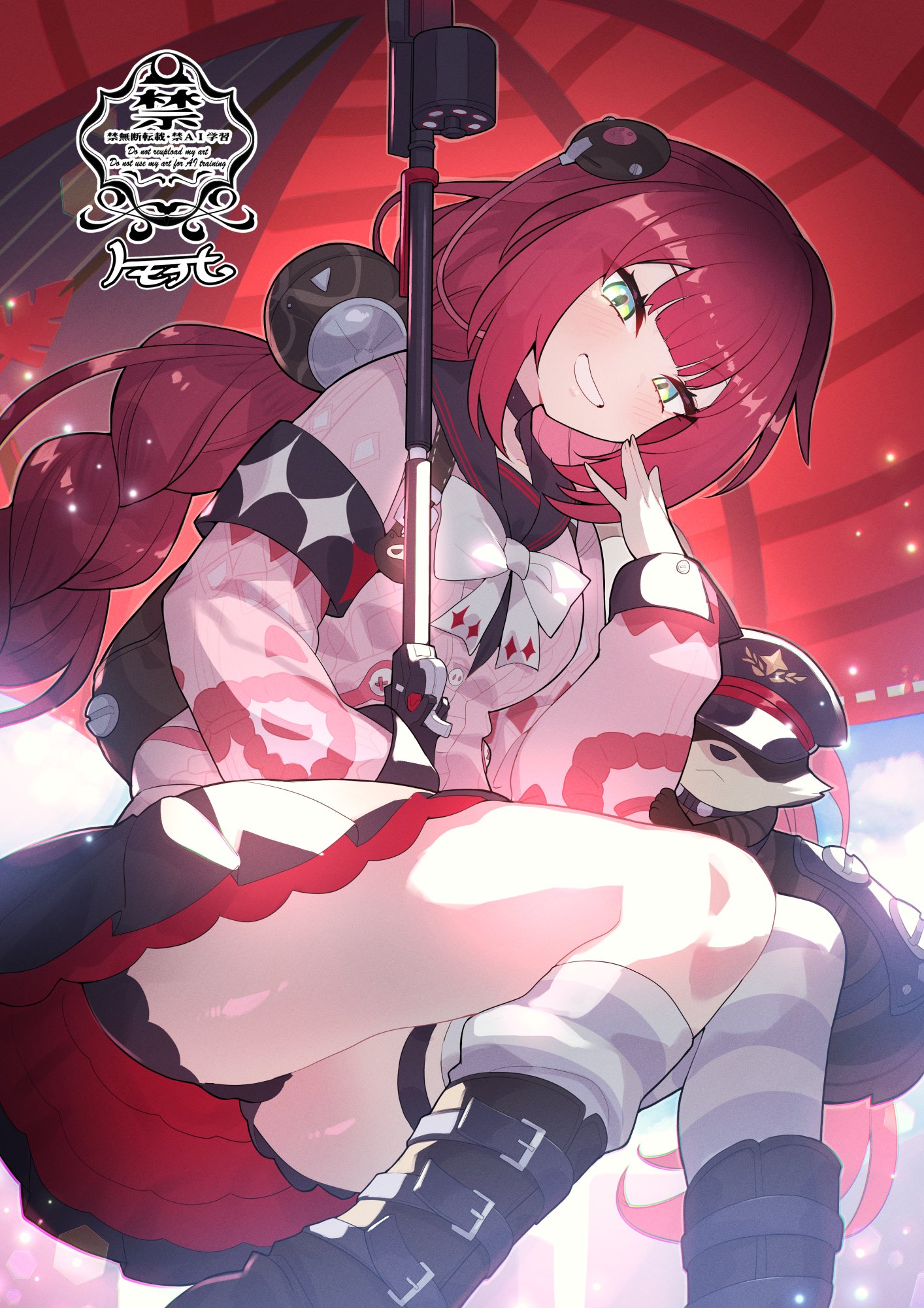 matsumoto tomoyohi, kamanosuke (zenless zone zero), ukinami yuzuha, zenless zone zero, commentary, highres, 1girl, black boots, black skirt, boots, bow, braid, breasts, double-parted bangs, green eyes, grey socks, holding, holding umbrella, legs, long hair, long sleeves, looking at viewer, pink shirt, red hair, red umbrella, shirt, skirt, small breasts, smile, socks, solo, striped clothes, striped socks, umbrella, white bow