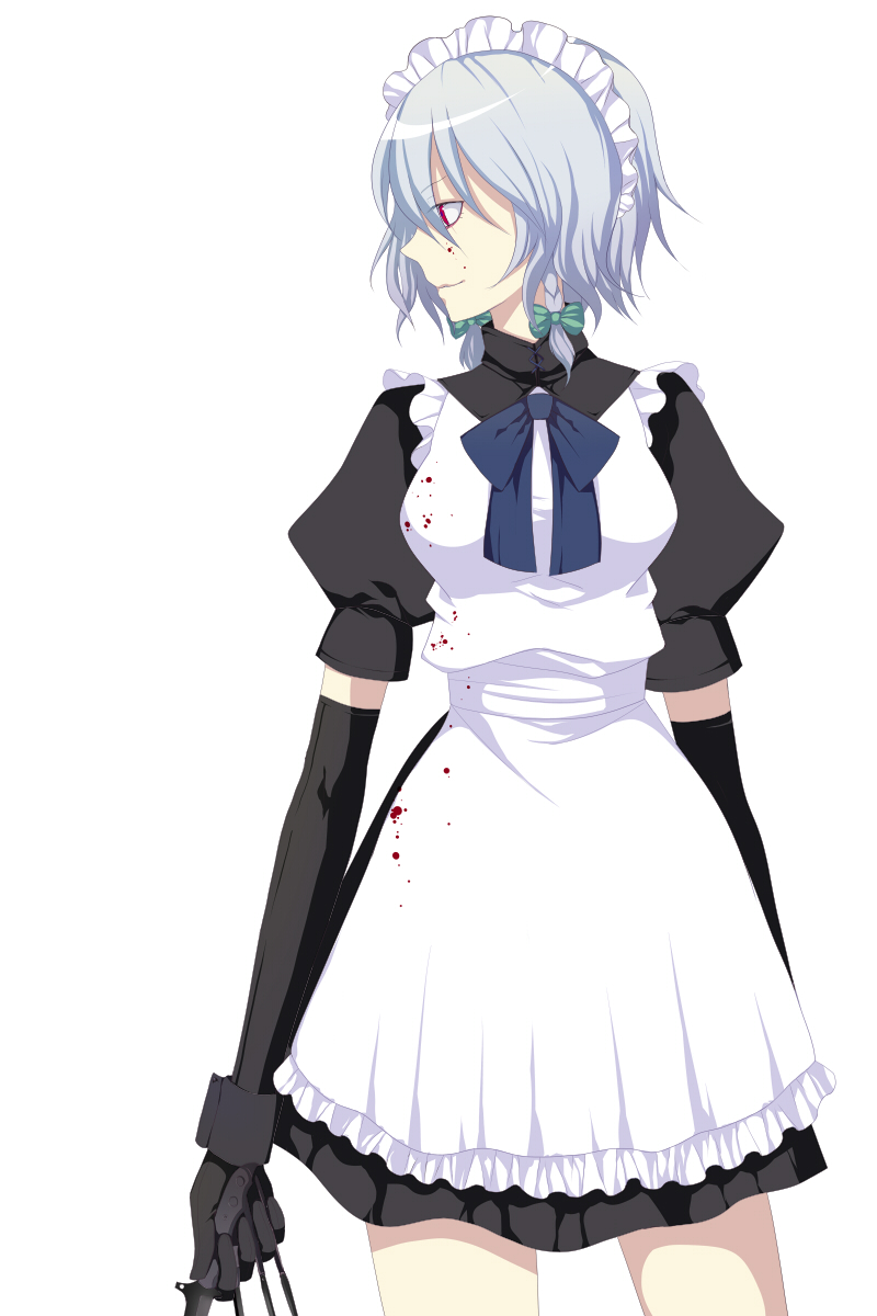 harano, izayoi sakuya, touhou, silver hair, bad id, bad pixiv id, highres, 1girl, blood, female focus, hairband, maid, red eyes, ribbon, short hair, simple background, smile, solo, white background