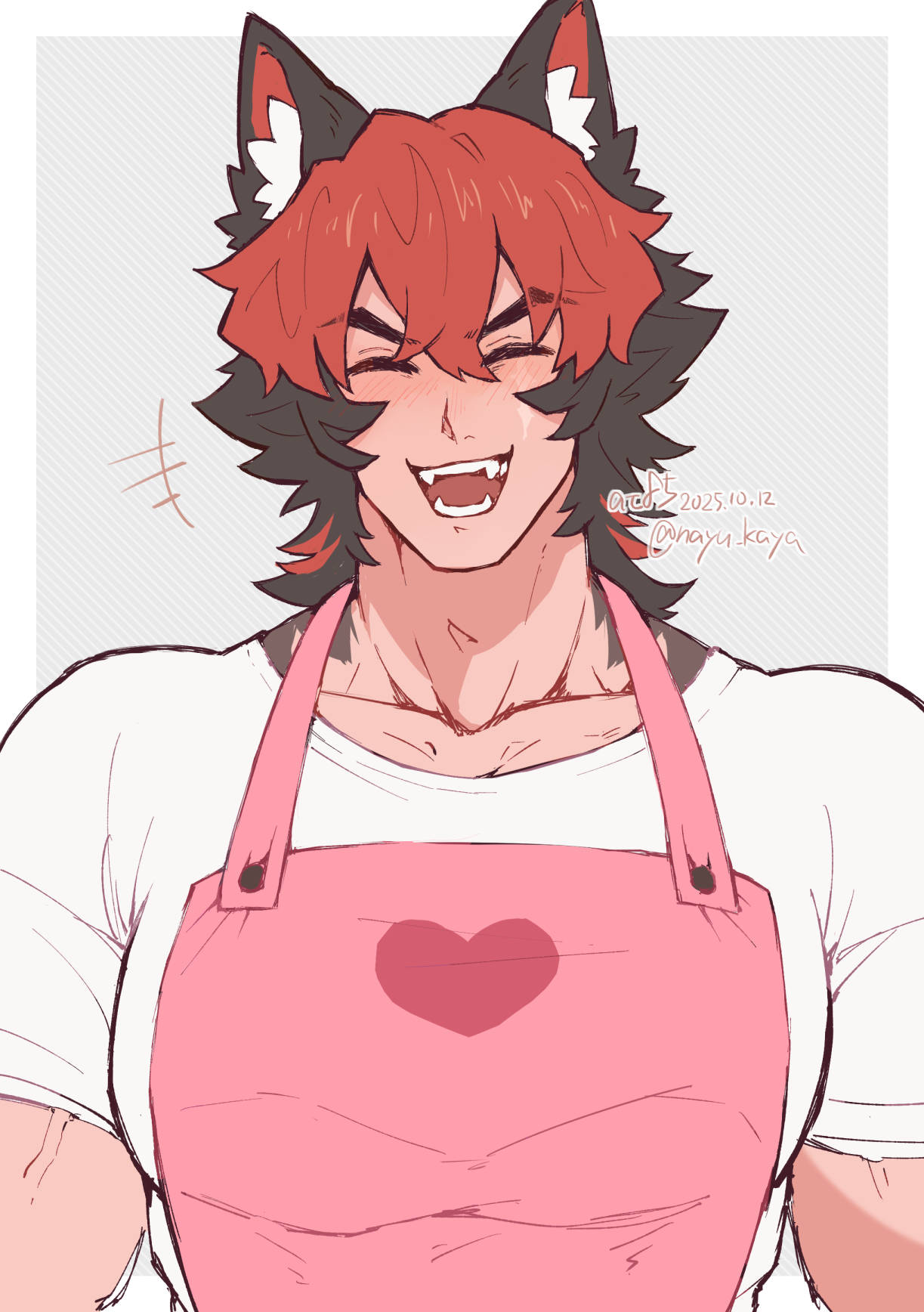 nayu kaya, komano manato, zenless zone zero, highres, 1boy, animal ear fluff, animal ears, black hair, blush, body fur, closed eyes, collarbone, dog boy, dog ears, fangs, grey background, hair between eyes, happy, heart, heart print, male focus, multicolored hair, muscular, muscular male, open mouth, pectorals, red hair, scar, scar across eye, scar on face, shirt, smile, smock, solo, tongue, twitter username, white shirt
