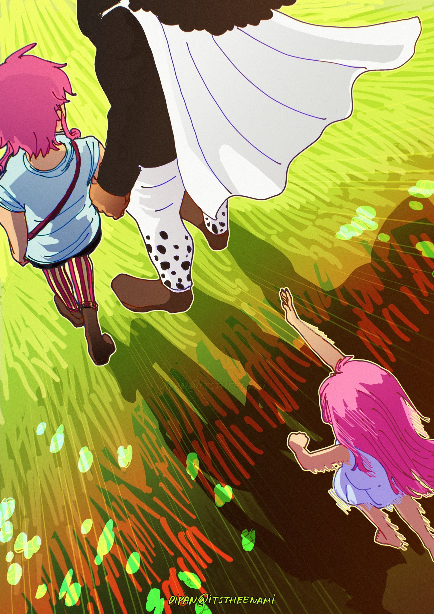 itstheenami, bartholomew kuma, ginny (one piece), jewelry bonney, one piece, commentary, highres, 1boy, 2girls, back, bag, barefoot, black hair, boots, cape, dress, family, full body, long hair, multiple girls, pink hair, running, satchel, sleeveless, sleeveless dress, twitter username, white cape