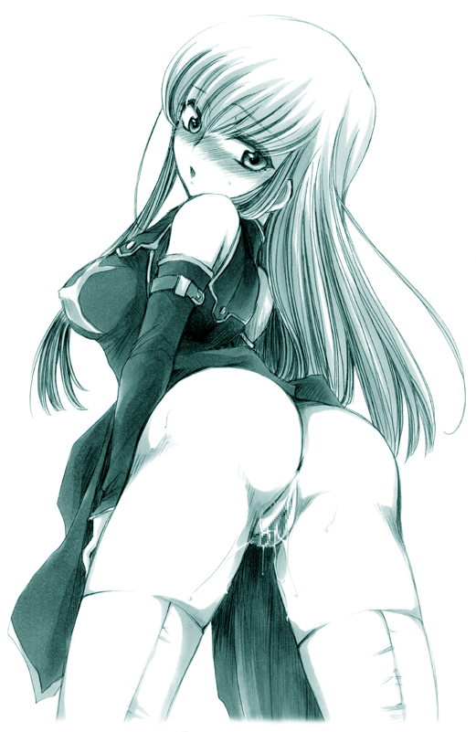 yatengetsu, c.c., code geass, bad id, bad pixiv id, 00s, 1girl, ass, blush, breasts, censored, detached sleeves, dress, female focus, long hair, monochrome, pussy, pussy juice, solo, thighhighs, white background
