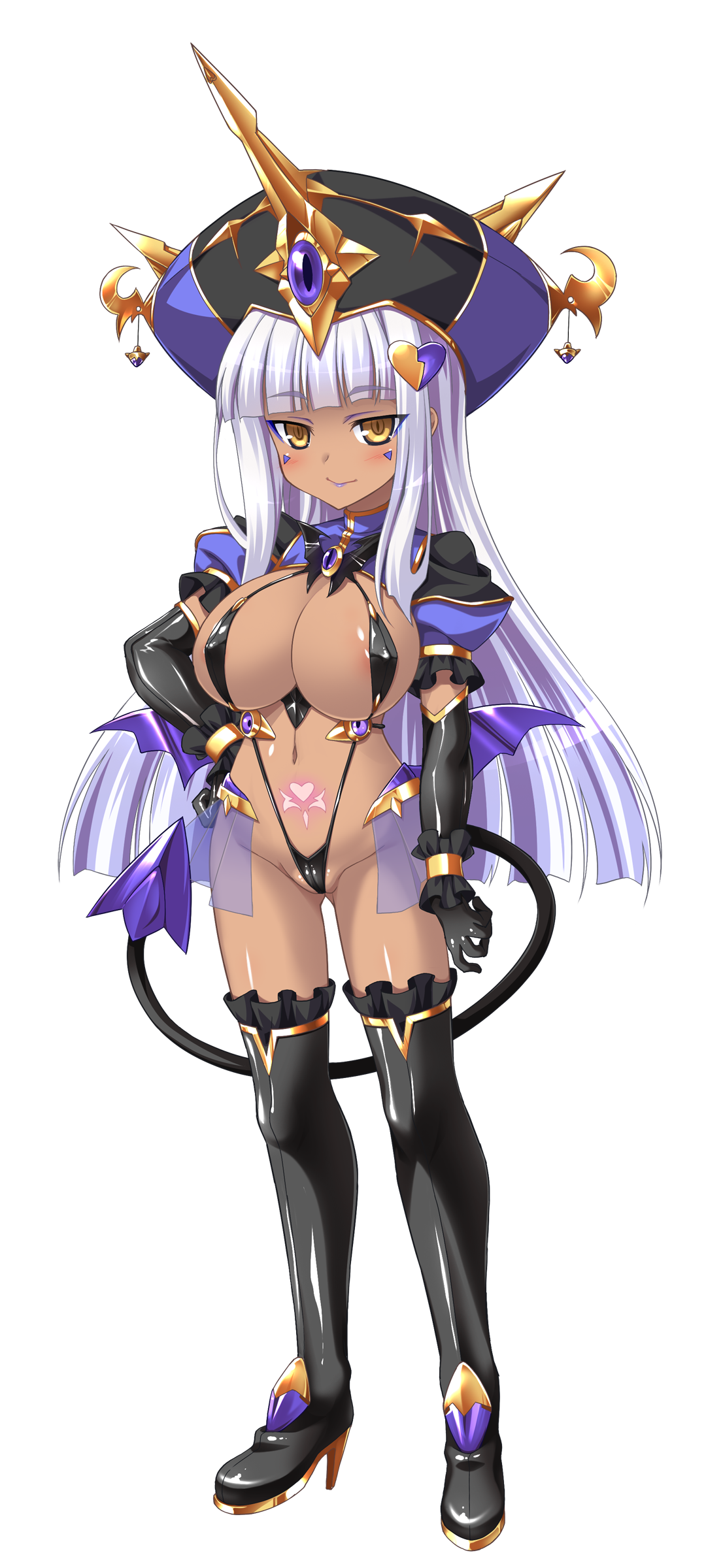 aoi masami, doumyouji kotetu, slave rain, ts magical girl nao, absurdres, game cg, highres, large variant set, non-web source, official art, variant set, 1girl, black gloves, black thighhighs, blush, boots, breasts, cleavage, corruption, covered erect nipples, dark-skinned female, dark persona, dark skin, demon girl, demon tail, elbow gloves, full body, gloves, hand on own hip, hat, horns, large breasts, lipstick, long hair, looking at viewer, makeup, navel, pubic tattoo, slave gear, slingshot swimsuit, smile, solo, swimsuit, tail, tattoo, thigh boots, thighhighs, transparent background, white hair, wings, yellow eyes
