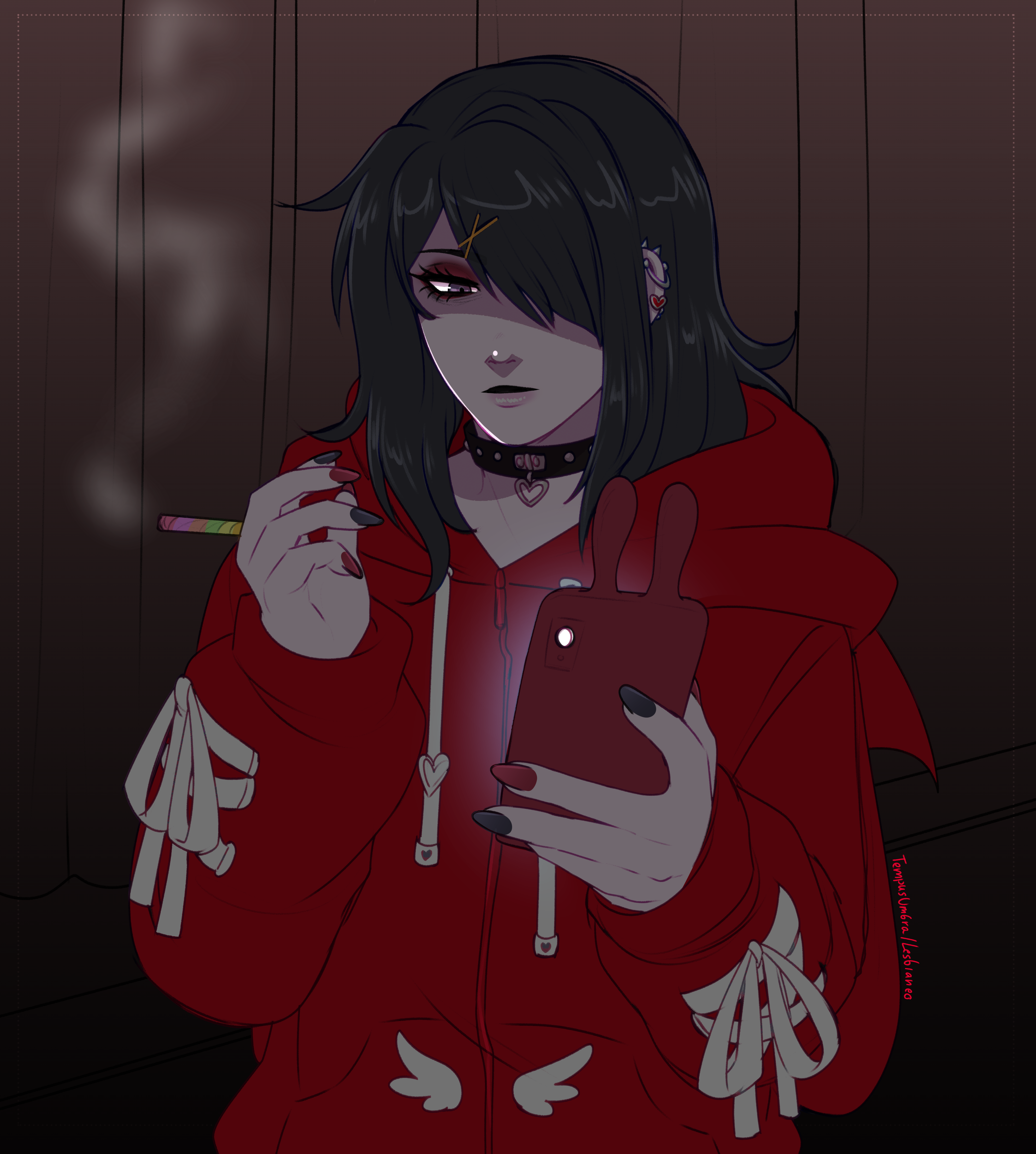 tempusumbra, ame-chan (needy girl overdose), needy girl overdose, absurdres, highres, 1girl, black hair, choker, dim lighting, drugs, expressionless, hair over one eye, holding, holding phone, hood, hood down, hoodie, long hair, looking at penis, looking at viewer, phone, purple eyes, red hoodie, smoke, smoke trail, smoking, solo