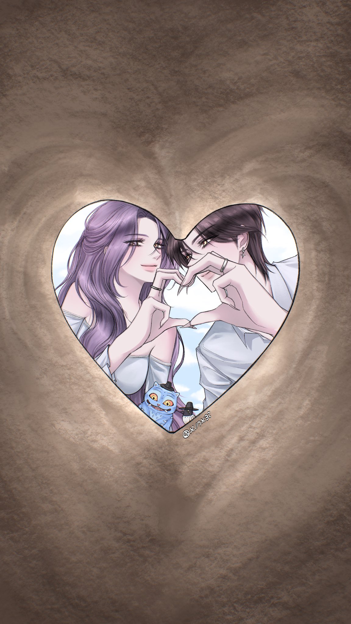 derpy (kpop demon hunters), jinu (kpop demon hunters), rumi (kpop demon hunters), sussie (kpop demon hunters), kpop demon hunters, commentary request, highres, korean commentary, 1boy, 1girl, bare shoulders, bird, black hair, eyelashes, fingernails, gat (hat), hat, heart, heart hands, heart hands duo, jewelry, long fingernails, long hair, looking at viewer, purple hair, ring, short hair, smile, tiger, x1nx3i