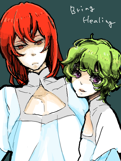 bring stabity, hilling care, gundam, gundam 00, 00s, 1boy, green hair, innovators, innovators (gundam 00), purple eyes, red eyes, red hair