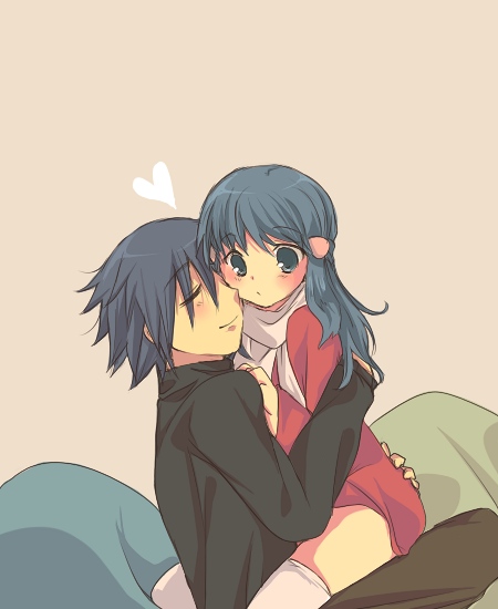 hoshihuri, dawn (pokemon), nintendo, pokemon, pokemon dppt, 00s, 1boy, 1girl, alternate costume, black hair, blue eyes, blush, couple, hetero, hug, scarf, thighhighs, winter clothes