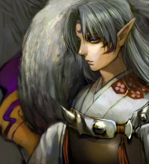 sesshoumaru, inuyasha, 1boy, armor, demon, forehead mark, hexagon, japanese clothes, male focus, pointy ears, realistic, solo, white hair, yellow eyes
