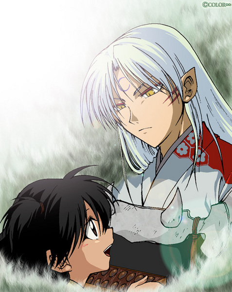 rin (inuyasha), sesshoumaru, inuyasha, bishounen, black hair, brown eyes, child, demon, happy, japanese clothes, smile, white hair, yellow eyes