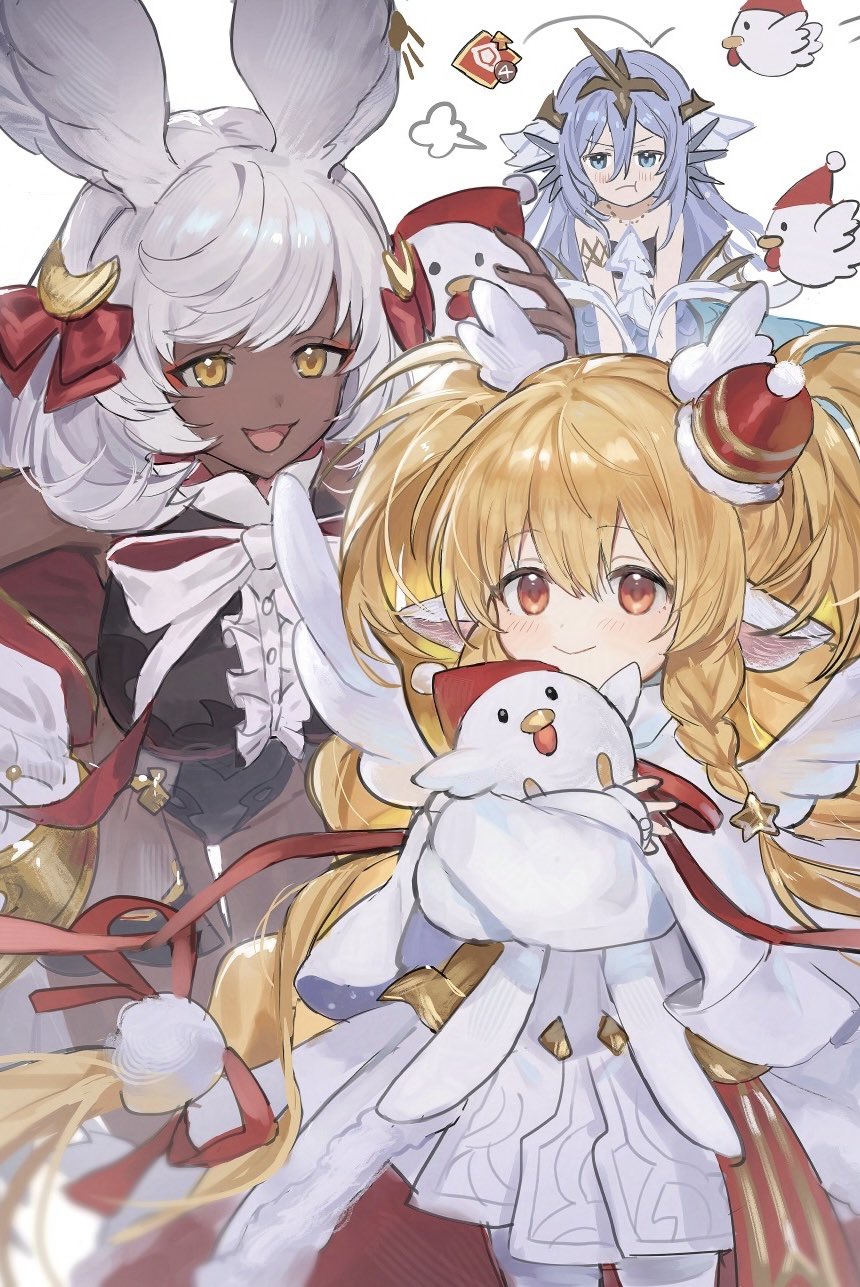 shiromimin, mahira (granblue fantasy), makura (granblue fantasy), vepar (granblue fantasy), granblue fantasy, highres, 3girls, :t, bird, blonde hair, blue eyes, blue hair, chicken, dark skin, erune, fake wings, frown, gameplay mechanics, harvin, long hair, mermaid, monster girl, multiple girls, nontraditional playboy bunny, post guild war celebration, red eyes, simple background, smile, very long hair, white background, white hair, wings, yellow eyes