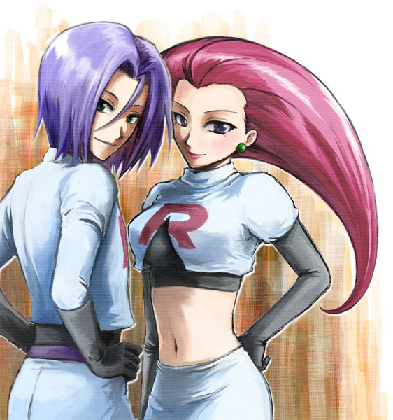 boya, james (pokemon), jessie (pokemon), nintendo, pokemon, pokemon (anime), 1boy, 1girl, big hair, blue eyes, blue hair, breasts, clothes writing, couple, green eyes, hair slicked back, hetero, midriff, navel, red hair, smile, team rocket