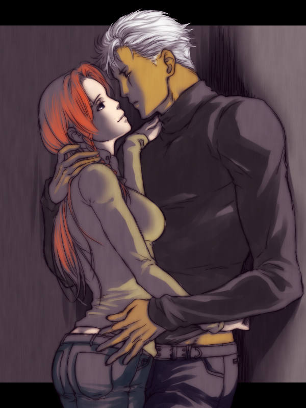 esaka, hong meiling, krizalid, m.u.g.e.n, snk, the king of fighters, touhou, bad id, bad pixiv id, 1boy, 1girl, couple, crossover, dark skin, denim, eye contact, hand on own hip, hetero, hip focus, hug, jeans, looking at another, pants, smile