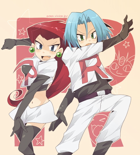 james (pokemon), jessie (pokemon), nintendo, pokemon, pokemon (anime), lowres, 1boy, 1girl, blue eyes, blue hair, clothes writing, couple, earrings, fang, green eyes, hair slicked back, hetero, jewelry, long hair, red hair, short hair, skirt, team rocket, team rocket uniform, thighhighs