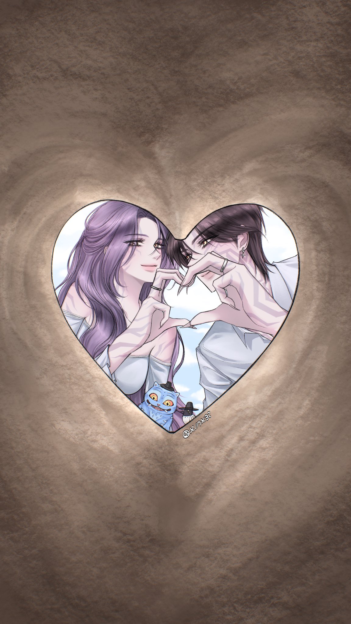 derpy (kpop demon hunters), jinu (kpop demon hunters), rumi (kpop demon hunters), sussie (kpop demon hunters), kpop demon hunters, commentary request, highres, korean commentary, 1boy, 1girl, bird, black hair, body markings, eyelashes, facial mark, fingernails, gat (hat), hat, heart, heart hands, heart hands duo, jewelry, long fingernails, long hair, looking at viewer, purple hair, ring, short hair, smile, tiger, upper body, x1nx3i