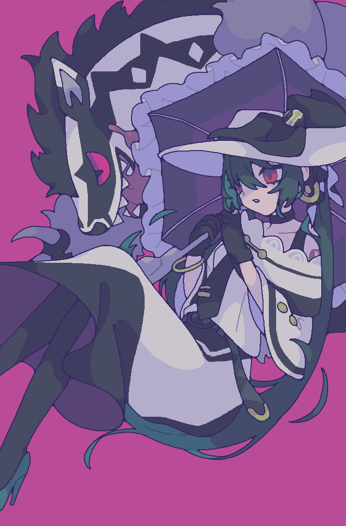 hurousya 95, dark miku (project voltage), hatsune miku, obstagoon, nintendo, pokemon, project voltage, vocaloid, 1girl, black bow, black choker, black fur, black gloves, black necktie, black pantyhose, bow, choker, dress, full body, gen 8 pokemon, gloves, green hair, hat, hat bow, holding, holding umbrella, long hair, long sleeves, looking to the side, luxury ball, necktie, open mouth, pantyhose, parasol, pink background, pink eyes, poke ball, pokemon (creature), red eyes, sharp teeth, simple background, sitting, teeth, twintails, umbrella, white dress, white fur, white hat