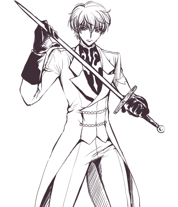 akina tsukako, kururugi suzaku, code geass, 00s, 1boy, formal clothes, gloves, green eyes, greyscale, lineart, male focus, monochrome, simple background, solo, sword, weapon