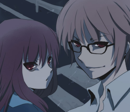 ica, kyonko, nagato yuuki, suzumiya haruhi no yuuutsu, bad id, bad pixiv id, lowres, 00s, 1boy, 1girl, black-framed eyewear, brown hair, collared shirt, genderswap, genderswap (ftm), genderswap (mtf), red eyes, red hair, shirt, upper body, white shirt