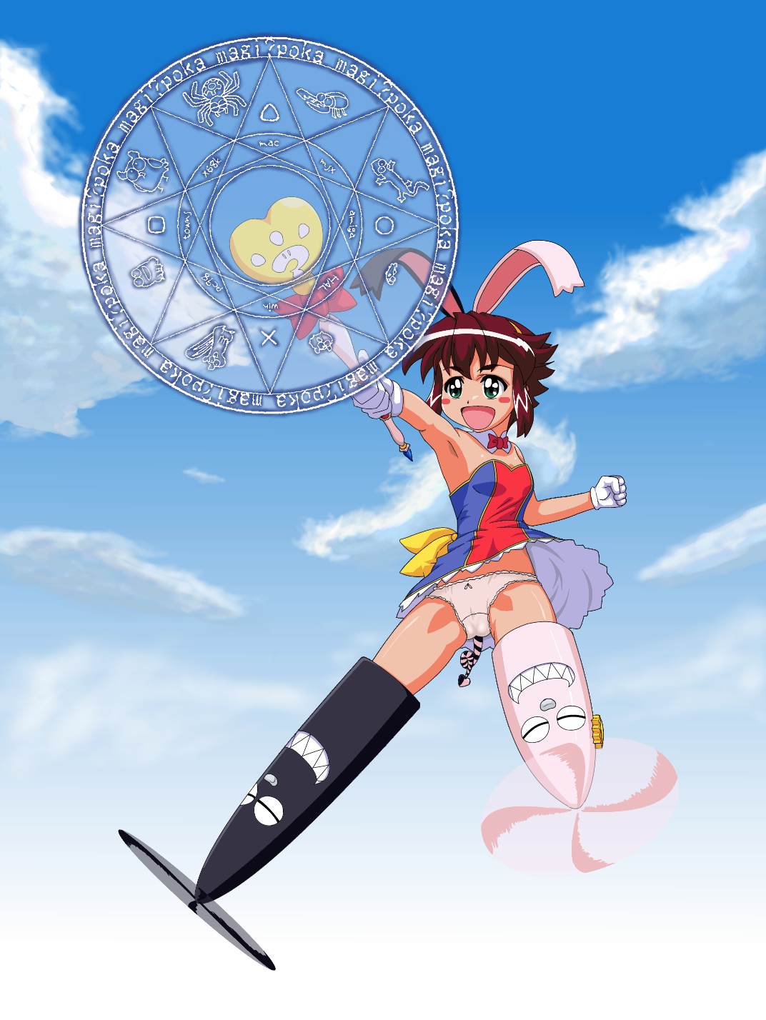 tokka, yuuma (magipoka), renkin san-kyuu magical pokaan, strike witches, world witches series, bad id, bad pixiv id, highres, 1girl, animal ears, cloud, day, female focus, gloves, green eyes, panties, pantyshot, parody, red hair, short hair, sky, solo, striker unit, underwear, wand