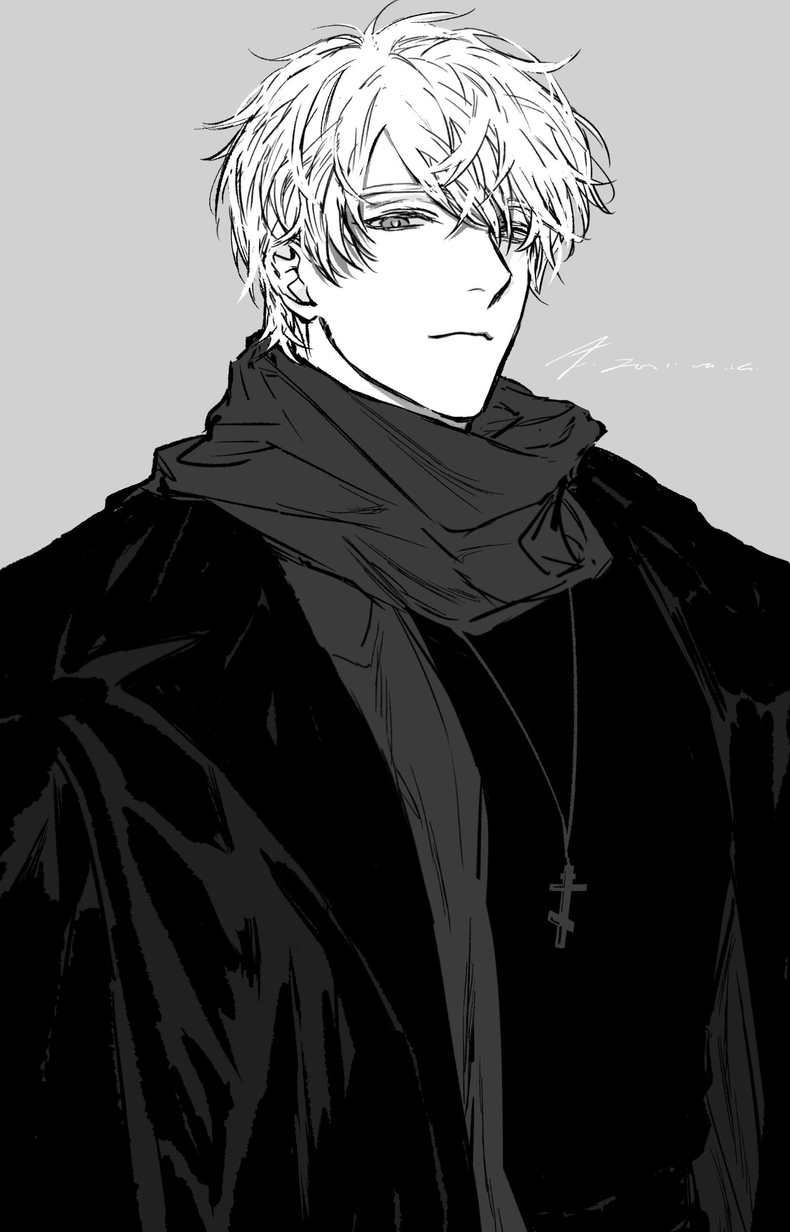 knife80s, russia (hetalia), axis powers hetalia, absurdres, highres, 1boy, closed mouth, coat, cross, cross necklace, greyscale, hair between eyes, jewelry, long sleeves, looking at viewer, male focus, monochrome, necklace, open clothes, open coat, scarf, short hair, signature, simple background, smile, solo, sweater, upper body