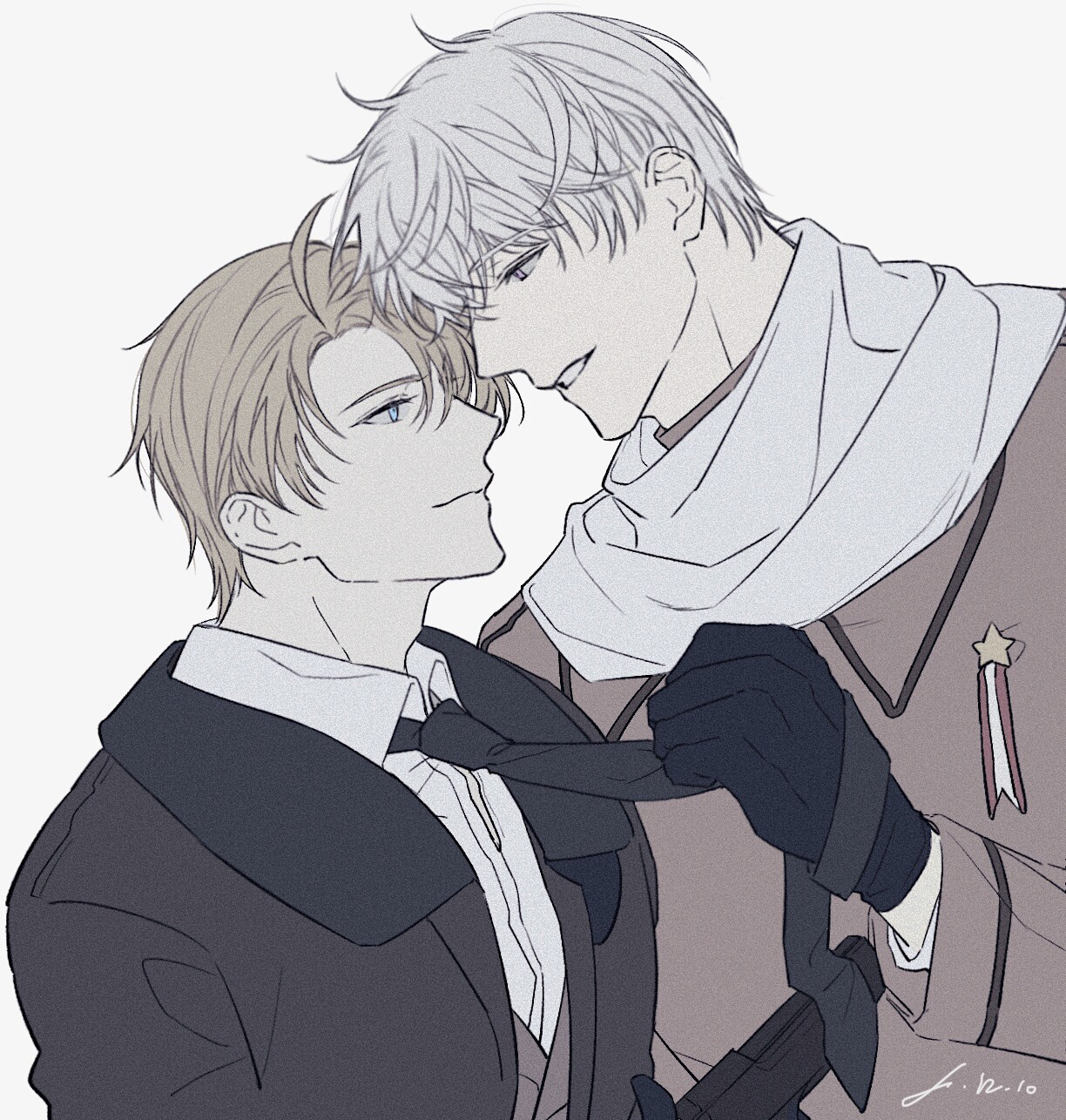 knife80s, america (hetalia), russia (hetalia), axis powers hetalia, highres, 2boys, ahoge, black gloves, black necktie, blonde hair, blue eyes, brown coat, brown jacket, closed mouth, coat, collared coat, collared jacket, collared shirt, desert eagle, gloves, grey hair, gun, hair between eyes, half-closed eyes, handgun, holding, holding gun, holding necktie, holding weapon, jacket, lapels, long sleeves, looking at viewer, male focus, medal, military jacket, military uniform, multiple boys, necktie, open clothes, open jacket, purple eyes, scarf, shirt, short hair, signature, simple background, smile, star ornament, teeth, upper body, weapon, white background, white scarf, white shirt, yaoi