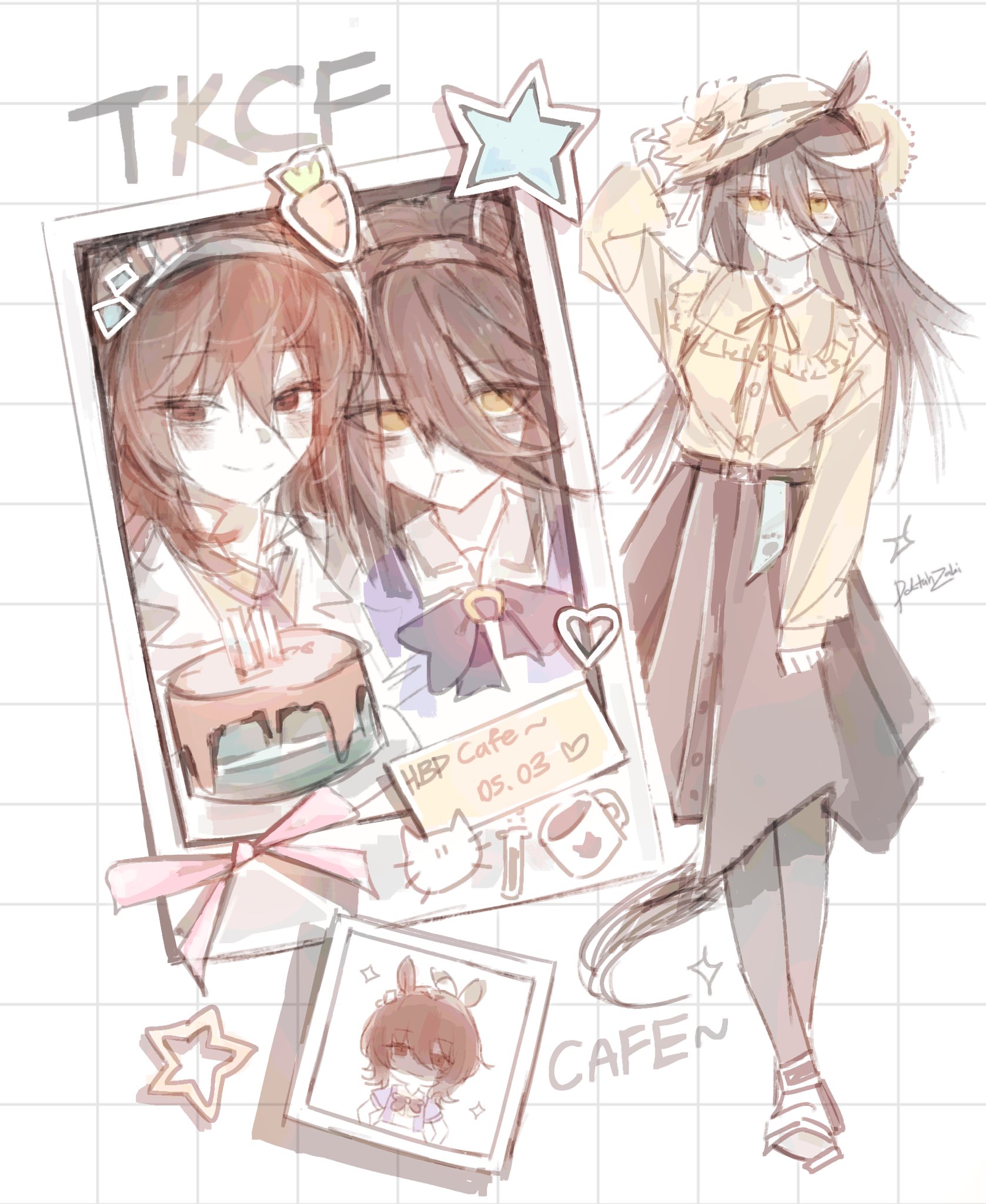doktahzaki, agnes tachyon (umamusume), manhattan cafe (umamusume), umamusume, highres, 2girls, animal ears, arm up, belt, birthday cake, black belt, black hair, black pantyhose, blush, brown hair, cake, casual, chemical structure, closed mouth, ear ornament, earrings, ears through headwear, english text, expressionless, flower, food, grabbing another's ear, grey skirt, grid background, hair between eyes, hairband, hand on another's ear, hat, hat flower, horse tail, jewelry, long hair, long sleeves, multicolored hair, multiple girls, neck ribbon, pantyhose, pink hairband, polaroid photo, rabbit ears, red eyes, ribbon, shirt, shirt tucked in, shoes, single earring, skirt, smile, straw hat, sun hat, tail, very long hair, white background, white hair, white shoes, yellow eyes, yellow flower, yellow ribbon, yellow shirt
