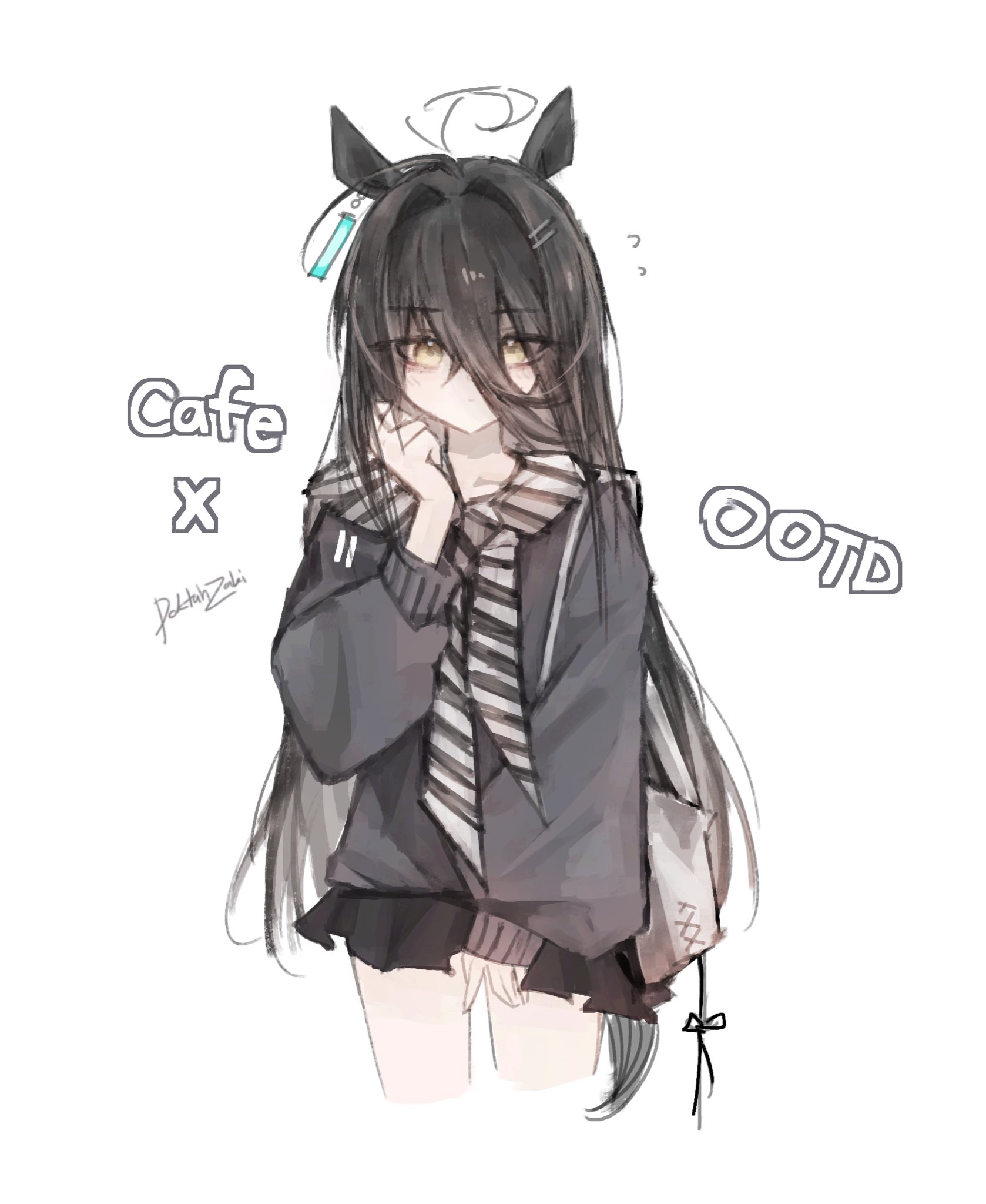 doktahzaki, manhattan cafe (umamusume), umamusume, highres, photo-referenced, 1girl, ahoge, animal ears, bag, black hair, black skirt, casual, character name, closed mouth, dot mouth, ear ornament, ear tag, earrings, flying sweatdrops, grey jacket, hair between eyes, hair ornament, hairclip, hand up, horse ears, horse girl, horse tail, jacket, jewelry, light blush, long bangs, long hair, long hair between eyes, long sleeves, multicolored hair, pleated skirt, scarf, shoulder bag, simple background, single earring, skirt, solo, striped clothes, striped scarf, tail, very long hair, white background, white bag, white hair, white scarf, yellow eyes