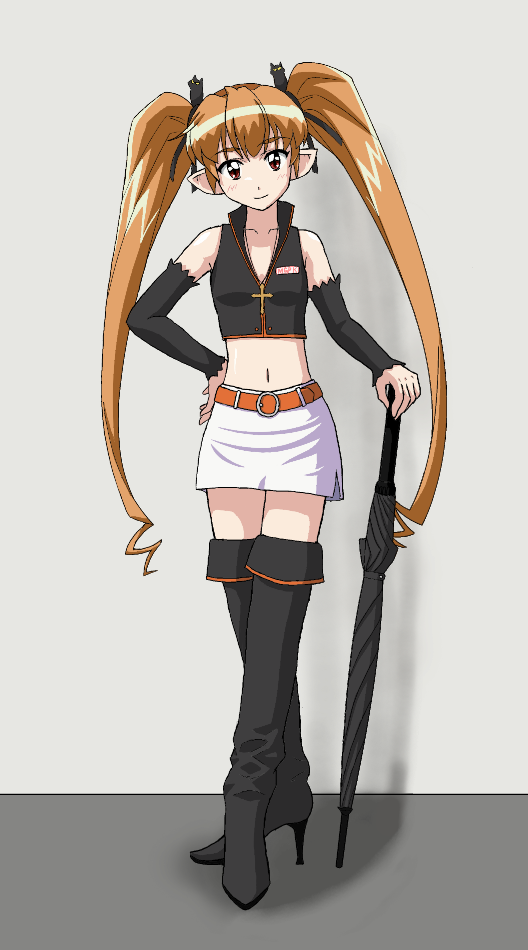 tokka, pachira, renkin san-kyuu magical pokaan, bad id, bad pixiv id, 1girl, blonde hair, closed umbrella, crossed legs, detached sleeves, female focus, long hair, midriff, miniskirt, navel, pencil skirt, planted, planted umbrella, race queen, red eyes, skirt, solo, thighhighs, twintails, umbrella, very long hair, watson cross, zettai ryouiki