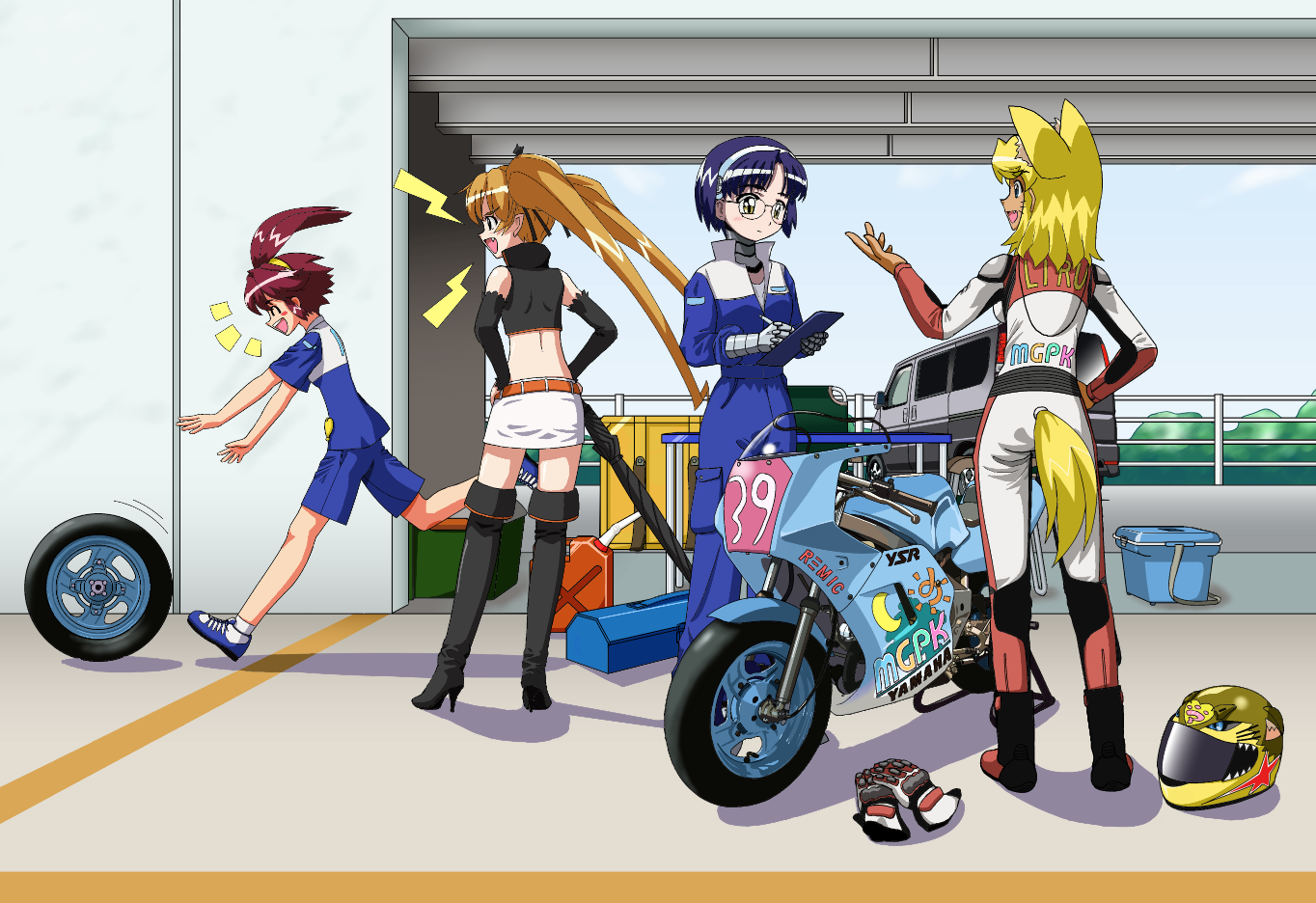 tokka, aiko (magipoka), liru, pachira, yuuma (magipoka), renkin san-kyuu magical pokaan, vehicle, bad id, bad pixiv id, 4girls, android, animal ears, biker clothes, bikesuit, blonde hair, blue hair, bodysuit, clipboard, detached sleeves, everyone, extra ears, glasses, gloves, hairband, helmet, long hair, midriff, miniskirt, motor vehicle, motorcycle, multiple girls, red hair, short hair, skirt, tail, thighhighs, twintails, unused tire, van, wheel, wolf ears, yellow eyes