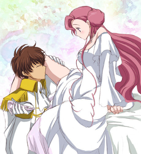 akina tsukako, euphemia li britannia, kururugi suzaku, pero pero, code geass, lowres, 00s, bride, donut hair bun, dress, hair bun, pink hair, purple eyes, wedding dress