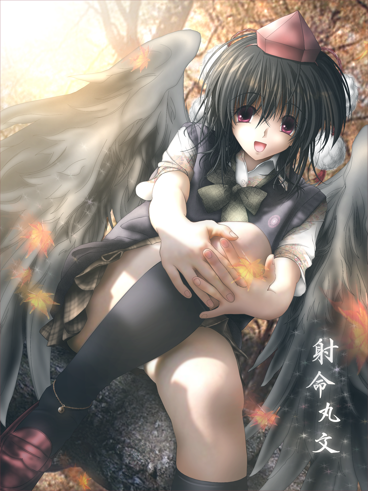 gisarme, shameimaru aya, touhou, highres, 1girl, anklet, autumn, black hair, black socks, black wings, female focus, hat, jewelry, kneehighs, leaf, looking at viewer, open mouth, red eyes, shoes, sitting, skirt, socks, solo, wings