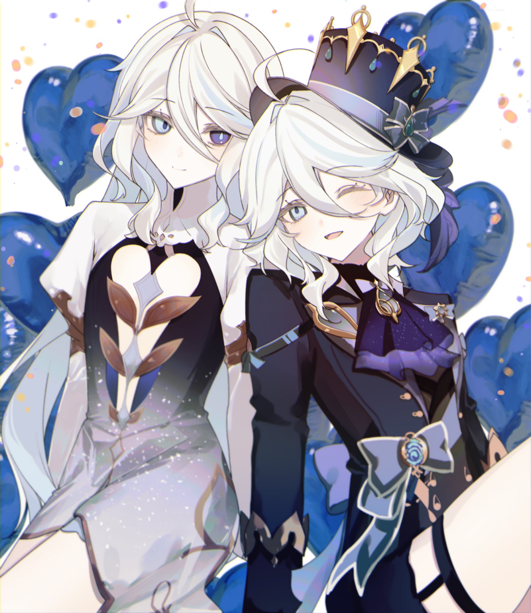 ku low, focalors (genshin impact), furina (genshin impact), genshin impact, commentary, highres, 2girls, ahoge, ascot, balloon, blue eyes, blue hair, bow, dress, drop-shaped pupils, hair between eyes, hat, heart balloon, heterochromia, hydro symbol (genshin impact), jacket, light blush, long hair, long sleeves, looking at another, multicolored hair, multiple girls, one eye closed, streaked hair, symbol-shaped pupils, top hat, vision (genshin impact), white hair