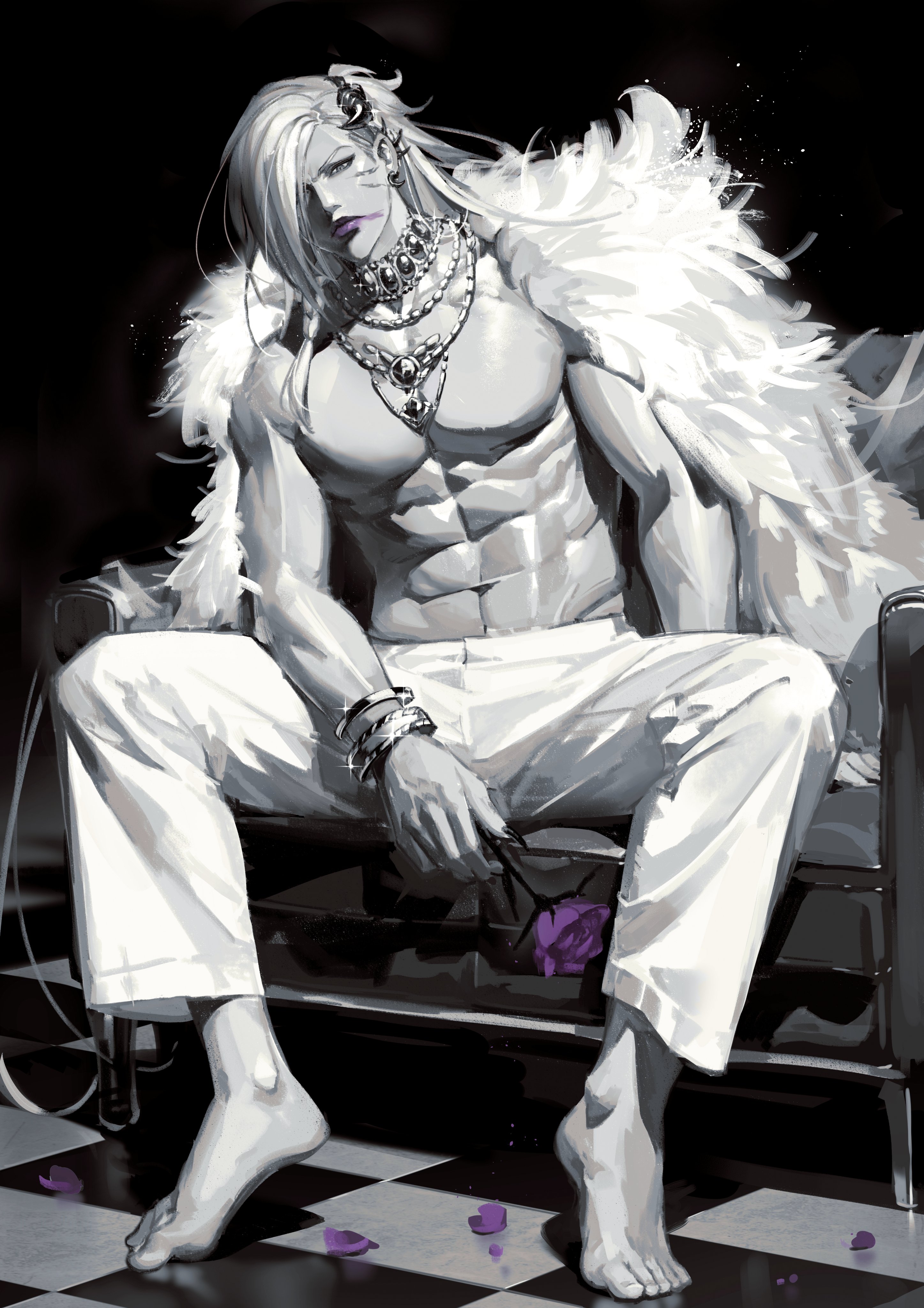 nishiki (jinnishiki), beelzebub (granblue fantasy), granblue fantasy, absurdres, highres, 1boy, abs, barefoot, bracelet, ear piercing, feather coat, flower, greyscale, holding, holding flower, jewelry, lipstick, makeup, monochrome, necklace, no shirt, piercing, purple flower, purple rose, rose, smeared lipstick, solo