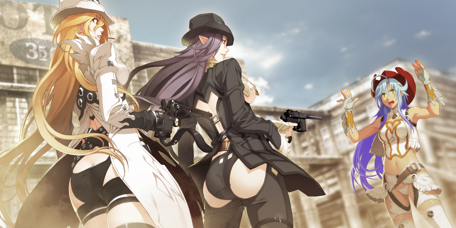 nishii (damnedrive), donne anonime, franco il nero, lily salvatana, nitroplus, zoku satsuriku no django, highres, 3d, 3girls, ahoge, ass, blonde hair, blue hair, breasts, brown eyes, cowboy hat, cowboy western, elf, fringe trim, garter belt, green eyes, gun, hat, long hair, midriff, multiple girls, navel, panties, pointy ears, sideboob, underboob, underwear, weapon