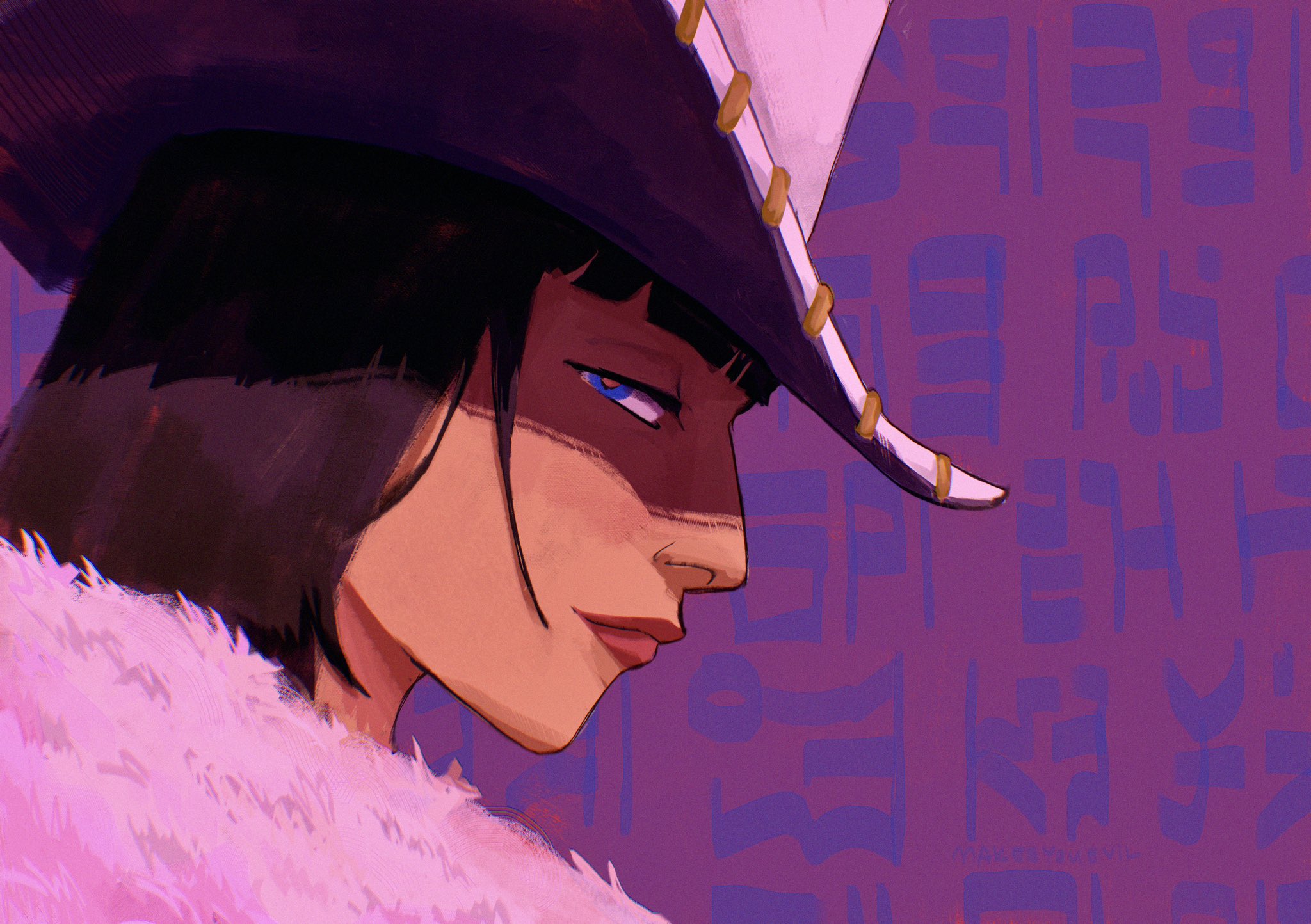 nico robin, one piece, commentary, english commentary, highres, 1girl, black hair, blunt bangs, close-up, closed mouth, coat, cowboy hat, fur-trimmed coat, fur trim, hat, looking at viewer, makesyouevil, medium hair, poneglyph, profile, red lips, solo, white hat