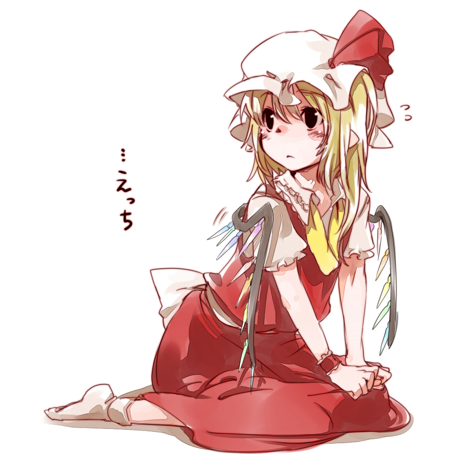 takishima asaka, flandre scarlet, touhou, 1girl, :<, black eyes, blonde hair, dress, female focus, hat, kneeling, mob cap, pointy ears, short hair, socks, solo, staring, wings, wrist cuffs