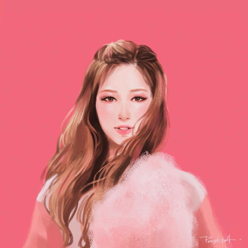 rose (blackpink), blackpink, real life, commentary request, 1girl, black eyeliner, brown eyes, brown hair, cotton candy, eyeliner, eyeshadow, food, holding, holding cotton candy, holding food, long hair, looking at viewer, makeup, mascara, paerytopiaa, parted lips, pink background, pink lips, realistic, signature, simple background, solo, thai commentary, upper body