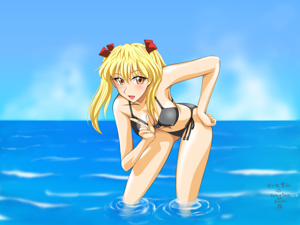 sawachika eri, school rumble, non-web source, 00s, 1girl, bikini, blonde hair, breasts, cleavage, day, female focus, large breasts, long hair, orange eyes, solo, swimsuit, twintails, wading, water