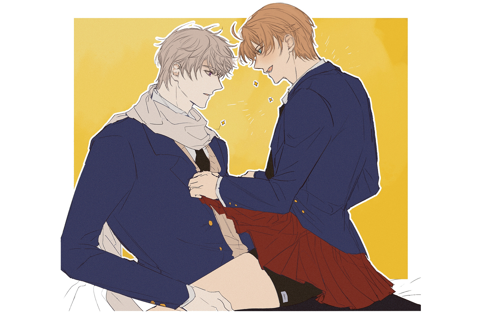 knife80s, america (hetalia), russia (hetalia), axis powers hetalia, highres, 2boys, ahoge, bike shorts, black necktie, black pants, black shorts, black vest, blazer, blonde hair, blue eyes, blue jacket, border, brown vest, buttons, clothes lift, collared shirt, crossdressing, crossdressing (mtf), grey hair, hair between eyes, jacket, lapels, long sleeves, looking at another, male focus, miniskirt, multiple boys, necktie, notice lines, open clothes, open jacket, open mouth, outside border, pants, pleated skirt, purple eyes, red skirt, scarf, shirt, short hair, shorts, simple background, sitting, sitting on person, skirt, skirt lift, smile, star (symbol), teeth, vest, white border, white scarf, white shirt, yaoi, yellow background