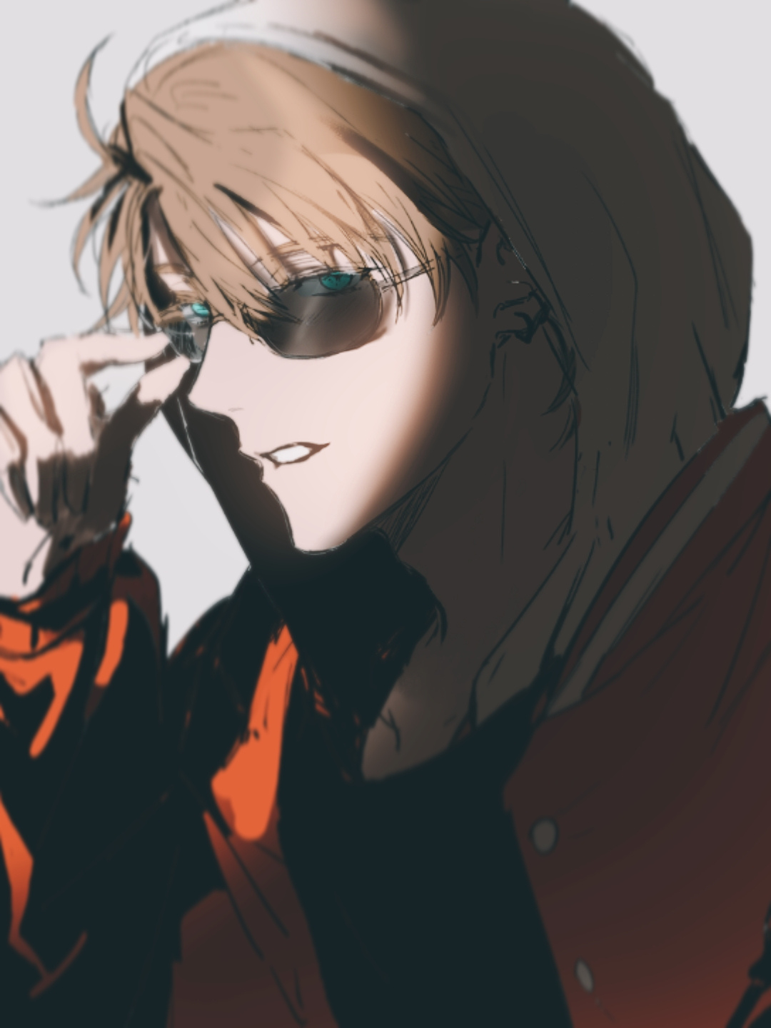 knife80s, america (hetalia), axis powers hetalia, highres, 1boy, ahoge, black-framed eyewear, black shirt, blonde hair, blue eyes, buttons, hair between eyes, hand up, hood, hooded jacket, jacket, letterman jacket, long sleeves, looking at viewer, male focus, open clothes, open jacket, puffy long sleeves, puffy sleeves, red jacket, shirt, short hair, simple background, smile, solo, sunglasses, t-shirt, teeth, upper body, white background