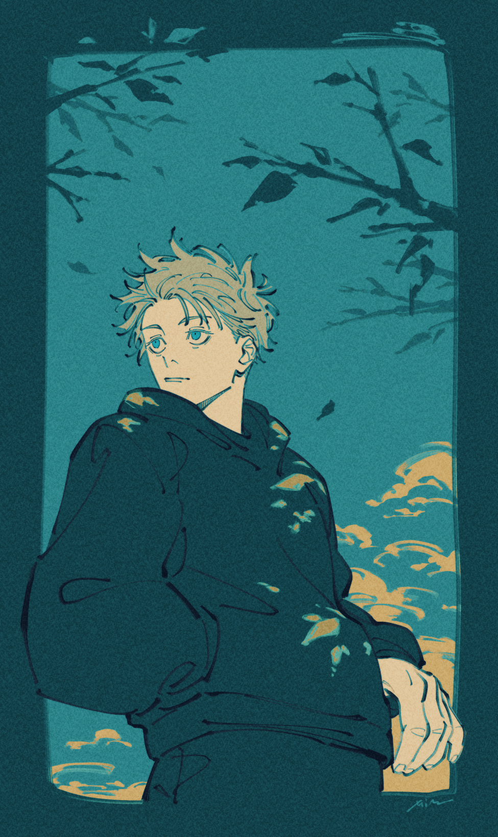 mim (mimya0600), gojou satoru, jujutsu kaisen, commentary, highres, 1boy, black hoodie, black pants, blue eyes, blue theme, branch, closed mouth, cloud, film grain, grey hair, hand in pocket, hood, hood down, hoodie, long sleeves, looking to the side, male focus, pants, short hair, solo, standing