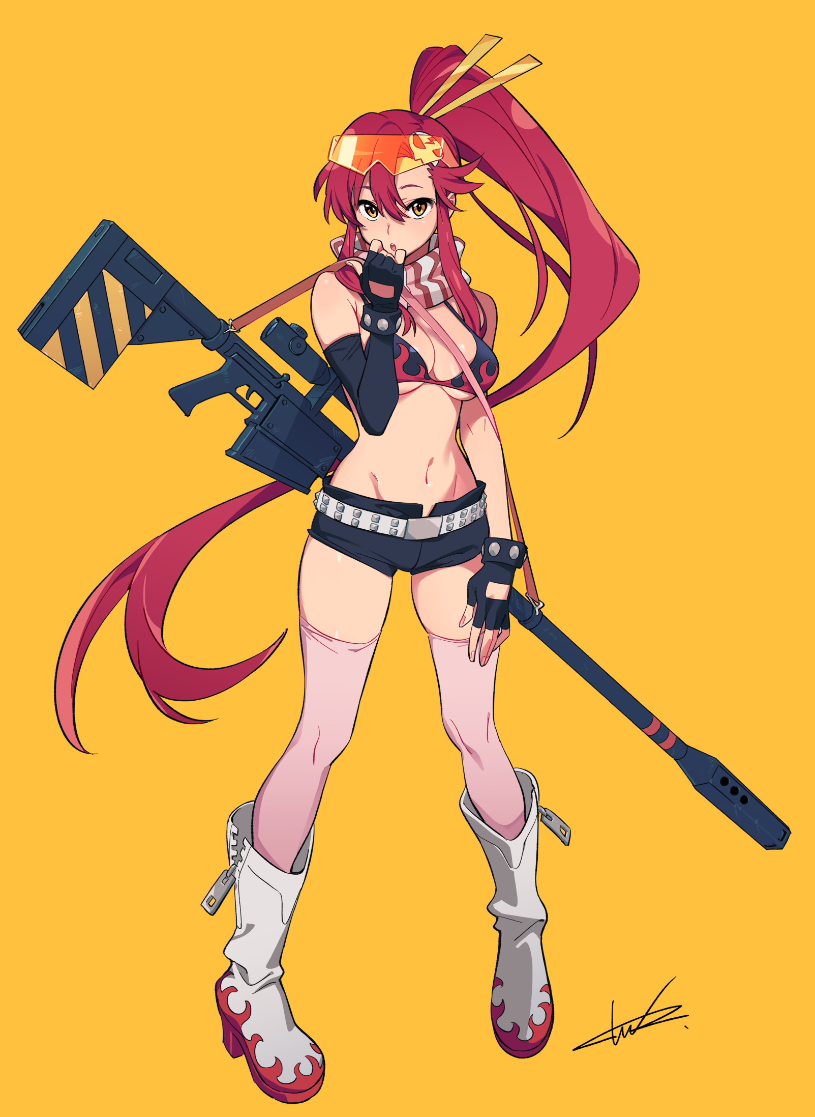 yoko littner, tengen toppa gurren lagann, commentary, highres, 1girl, anti-materiel rifle, belt, bikini, bikini top only, bracelet, breasts, fingerless gloves, flame print, gloves, gun, hair ornament, hair stick, jewelry, large breasts, long hair, looking at viewer, navel, orange background, pink thighhighs, ponytail, red hair, rifle, scarf, short shorts, shorts, signature, simple background, skull hair ornament, sniper rifle, solo, striped clothes, striped scarf, studded belt, studded bracelet, swimsuit, thighhighs, weapon, yellow eyes, zettai ryouiki