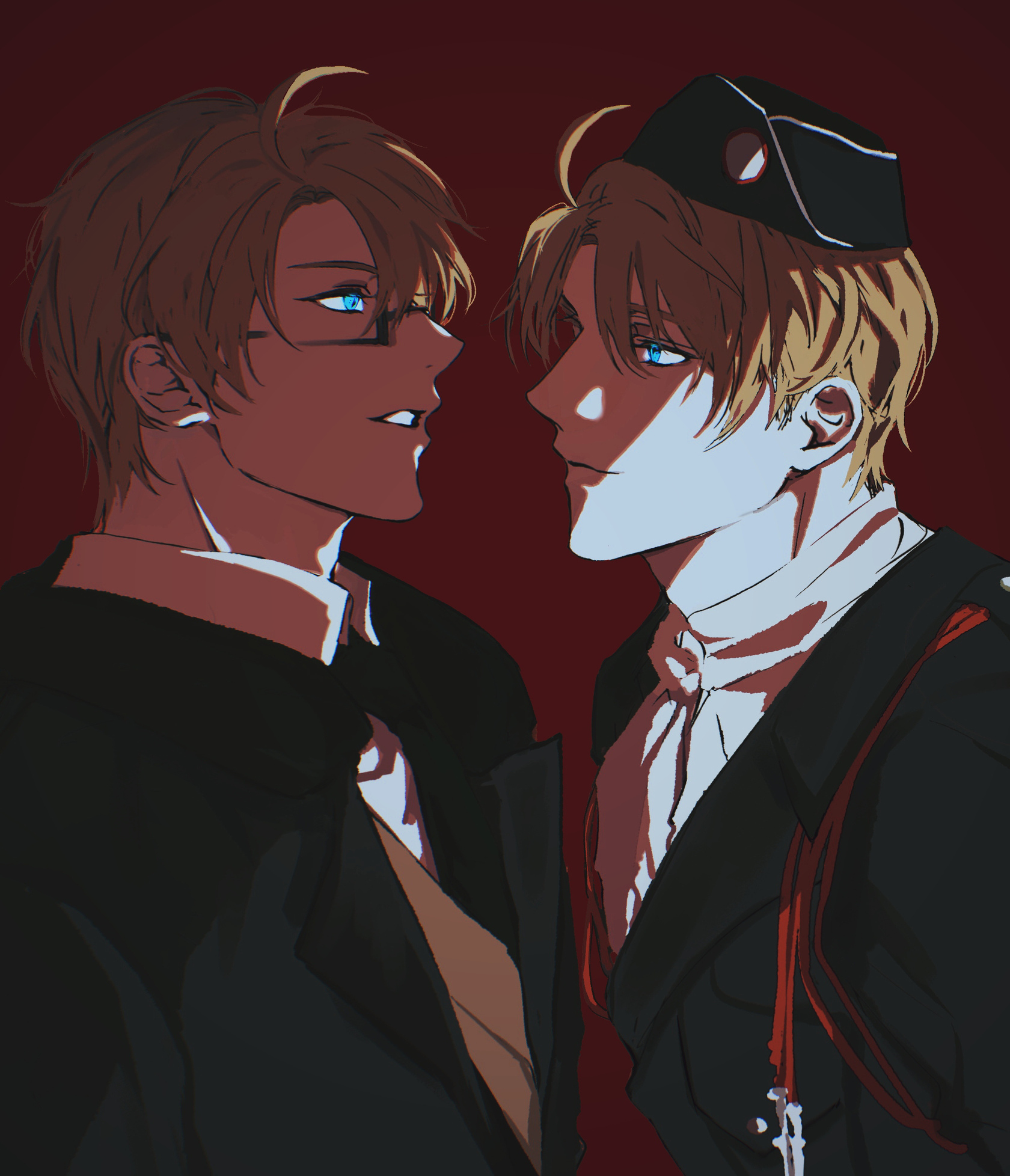 knife80s, america (hetalia), axis powers hetalia, highres, 2boys, ahoge, ascot, black-framed eyewear, black hat, black jacket, black necktie, blonde hair, blue eyes, brown jacket, closed mouth, dual persona, fur-trimmed jacket, fur trim, glasses, hair between eyes, hat, jacket, lapels, long sleeves, looking at another, male focus, military hat, military jacket, military uniform, multiple boys, necktie, open clothes, open jacket, red background, semi-rimless eyewear, shirt, short hair, simple background, smile, teeth, upper body, white ascot, white shirt