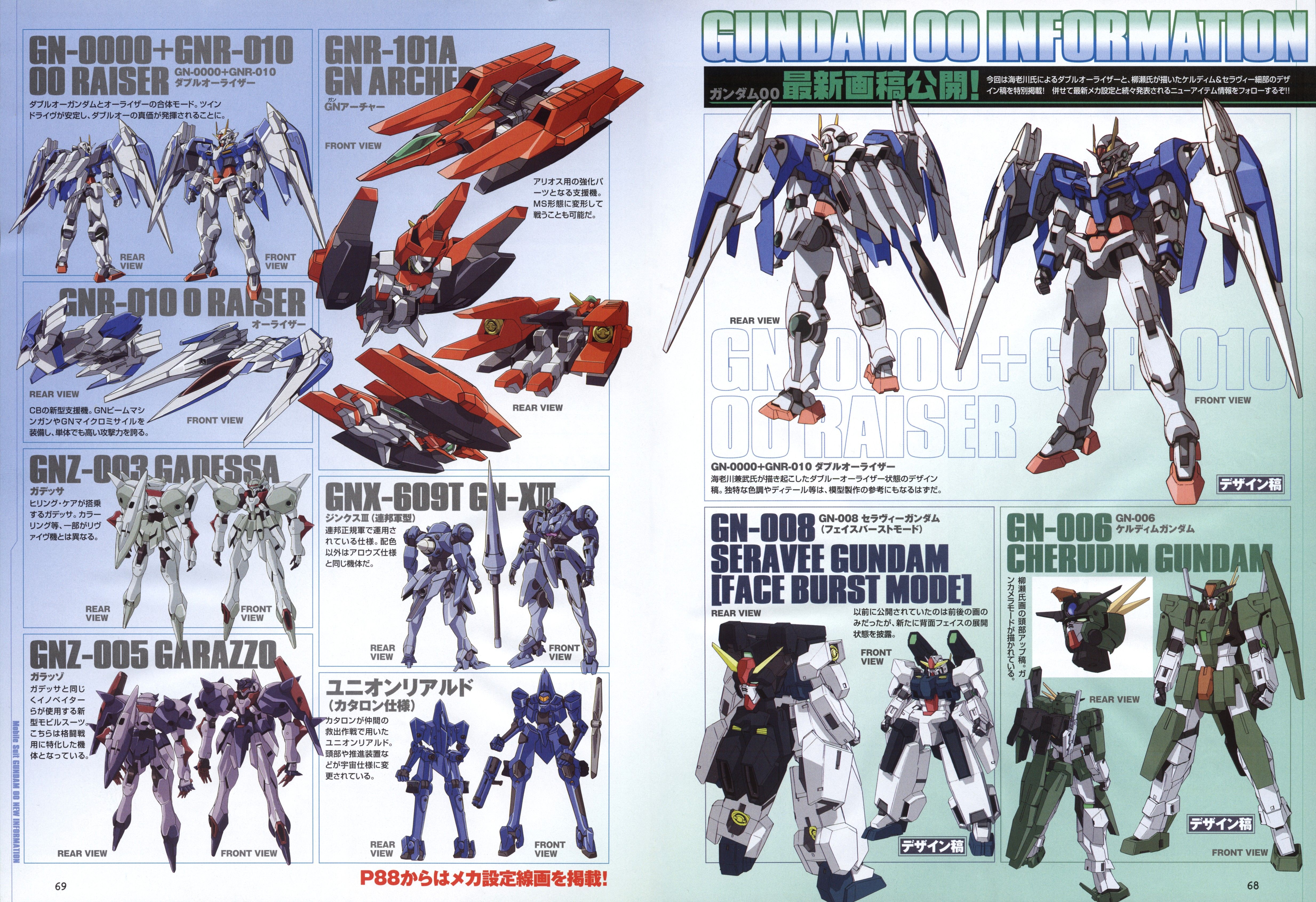 00 gundam, 00 raiser, 0 raiser, cherudim, gadessa, garazzo, gn-x iii, gn-xiii, gn archer, gundam seravee, realdo, seravee, gundam, gundam 00, absurdres, highres, official art, scan, 00s, gradient background, mecha, multiple views, no humans, robot