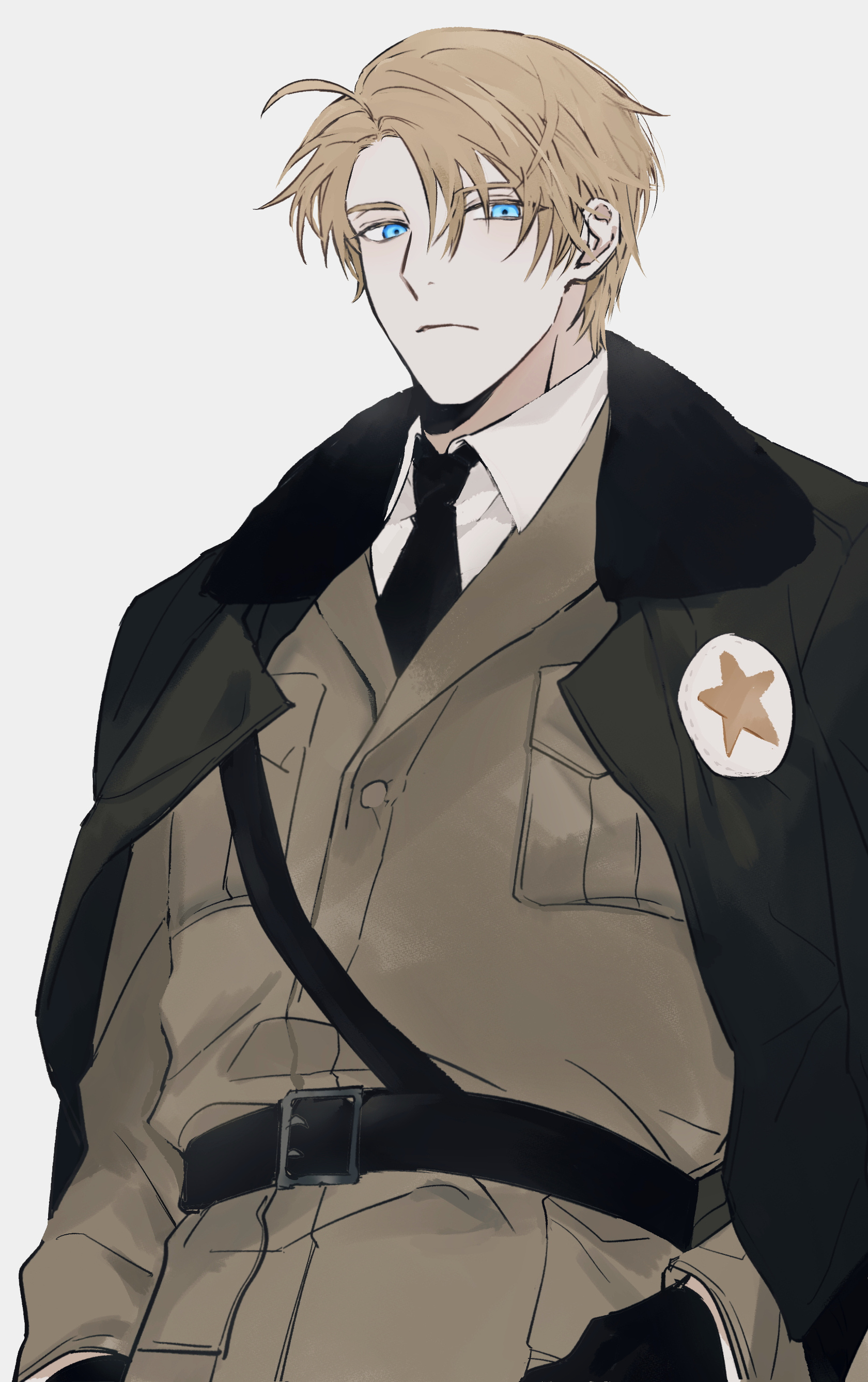 knife80s, america (hetalia), axis powers hetalia, absurdres, highres, 1boy, ahoge, belt, black belt, black gloves, black jacket, black necktie, blonde hair, blue eyes, breast pocket, brown jacket, buttons, closed mouth, collared shirt, fur-trimmed jacket, fur trim, gloves, hair between eyes, jacket, lapels, long sleeves, looking at viewer, male focus, military jacket, military uniform, necktie, open clothes, open jacket, pocket, shirt, short hair, simple background, solo, standing, star (symbol), star print, white background, white shirt