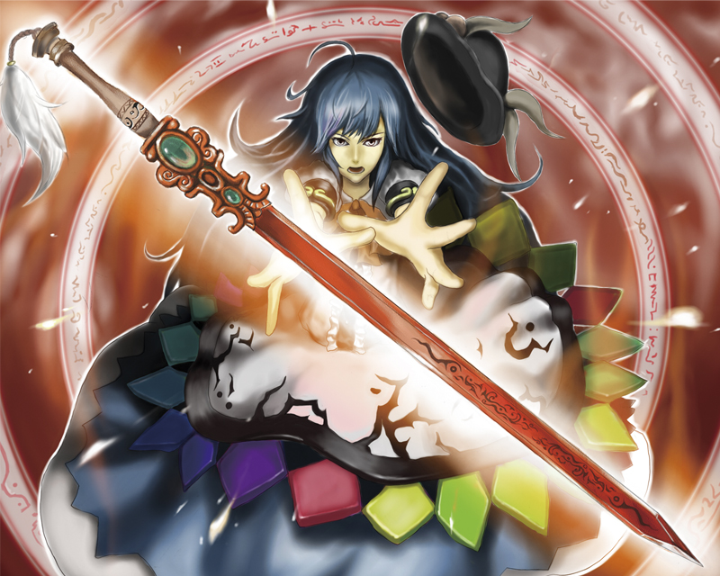 ross (clumzero), hinanawi tenshi, touhou, 1girl, blue hair, female focus, hat, long hair, magic circle, solo, sword, sword of hisou, unworn hat, unworn headwear, weapon