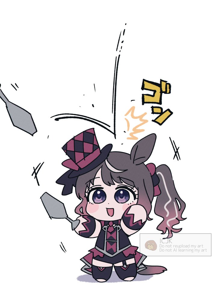 fig (lchijiku), tosen jordan (umamusume), umamusume, 1girl, animal ears, black shirt, black shorts, black thighhighs, blue eyes, blush, blush stickers, breasts, brown hair, chibi, circus, garter straps, hair ornament, hair scrunchie, halloween, halloween costume, hat, holding juggling club, horse ears, horse girl, horse tail, juggling, juggling (soccer), long hair, looking at viewer, multicolored hair, necktie, official alternate costume, open mouth, ponytail, scrunchie, shirt, short necktie, shorts, simple background, smile, solo, streaked hair, tail, thighhighs, top hat, tosen jordan (highkey hallowed) (umamusume), white hair