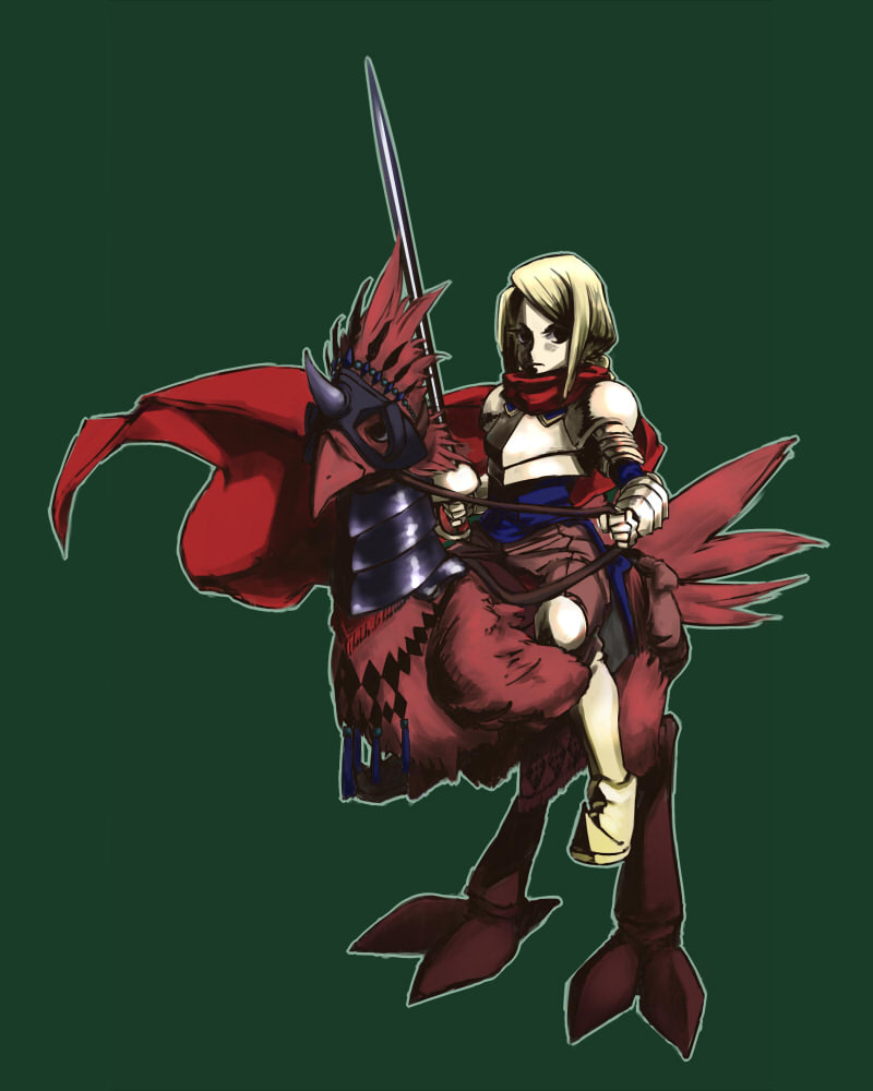 ramii, agrias oaks, chocobo, final fantasy, final fantasy tactics, bad id, bad pixiv id, 1girl, armor, barding, blonde hair, cape, gloves, green background, serious, sword, weapon