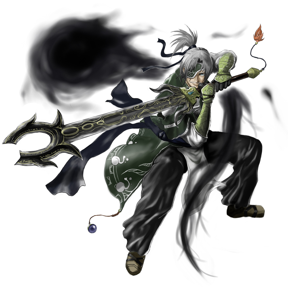 ross (clumzero), konpaku youki, konpaku youki (ghost), xiahou dun, touhou, bad id, 1boy, 1girl, bracer, eyepatch, ghost, grey hair, male focus, ponytail, ribbon, sword, weapon, white background