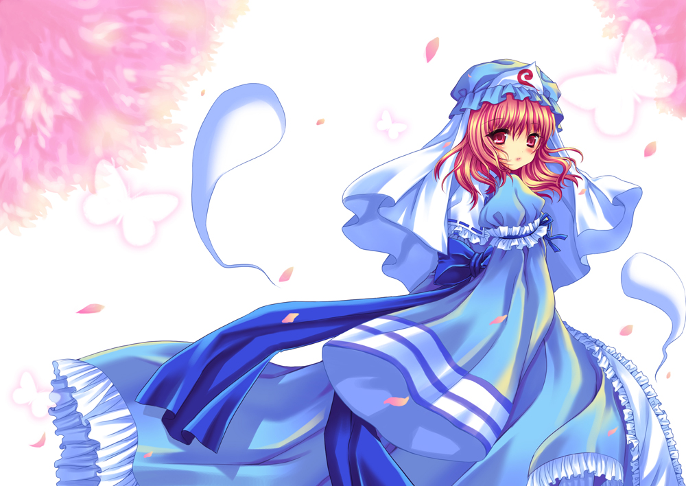 ratise, saigyouji yuyuko, touhou, bad id, bad pixiv id, 1girl, :o, bug, butterfly, female focus, hat, hitodama, insect, japanese clothes, kimono, long sleeves, looking back, petals, pink hair, red eyes, short hair, sleeves past wrists, solo, wide sleeves